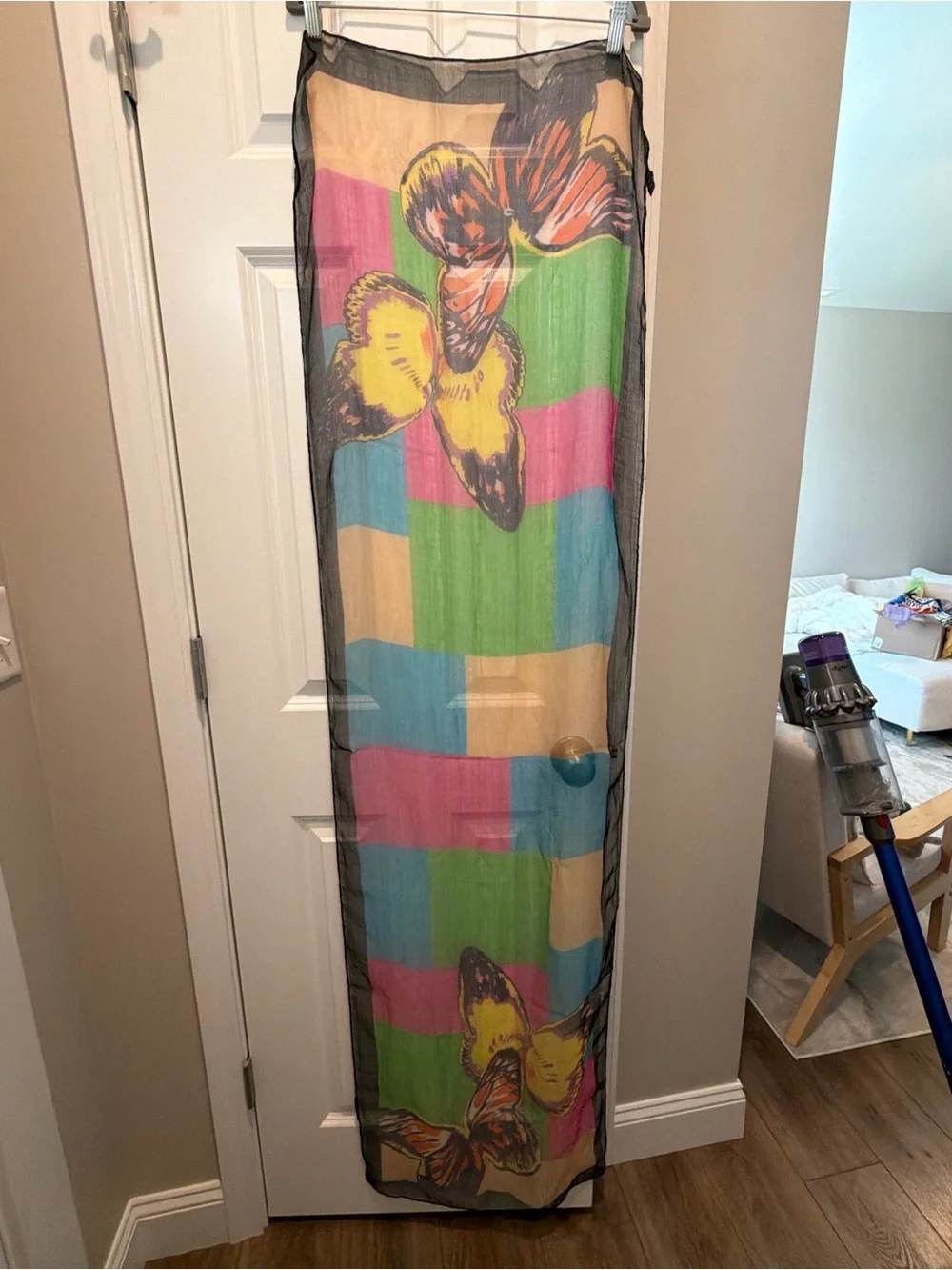 Sheer Multicolor Butterfly-Print Scarf with Black Trim